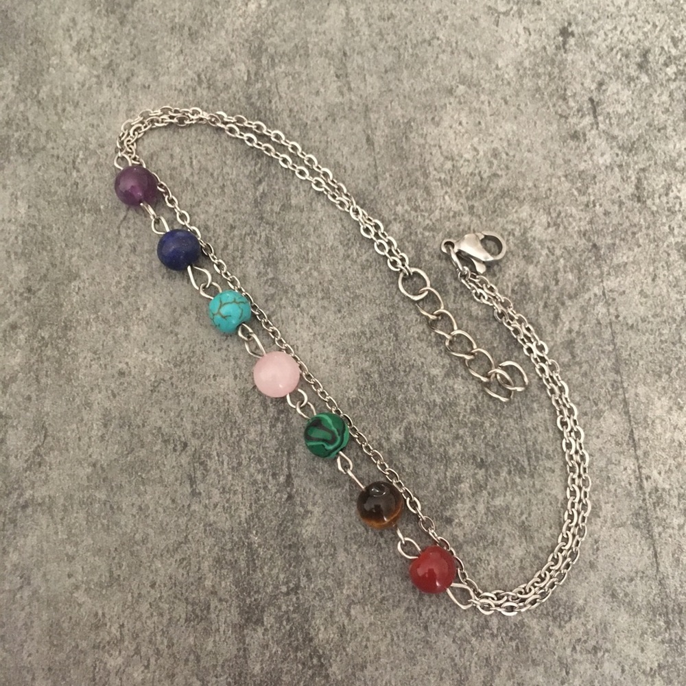 7 Chakra Anklet w/Natural Stones - Stainless Steel - Picture 2 of 8